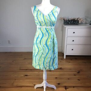 Vtg 90s Lilly Pulitzer 6 Makin Waves Green Turquoise ALine Cotton Fish Summer